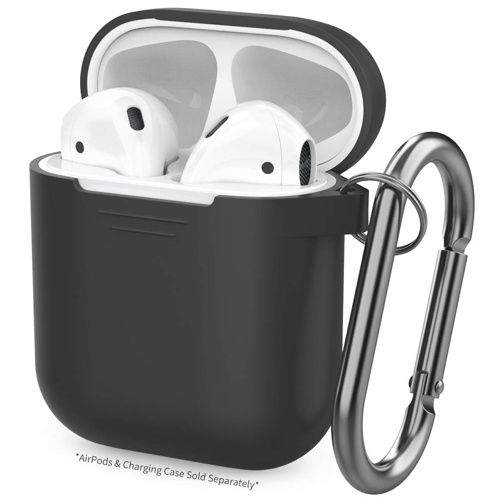 Apple Airpods Charging Case Protective Silicone Cover Skin with Hang Hook Clip (Black)